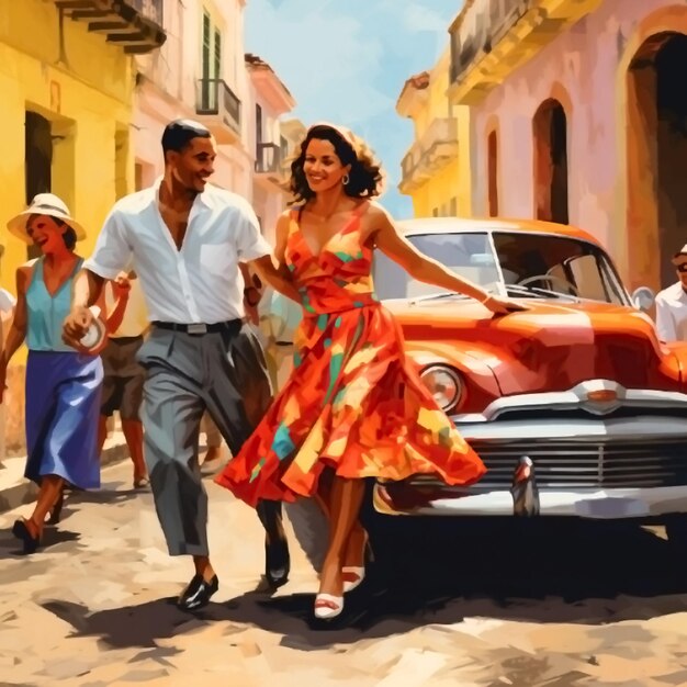 写真 キューバでサルサを踊るカップルと後ろの赤い車