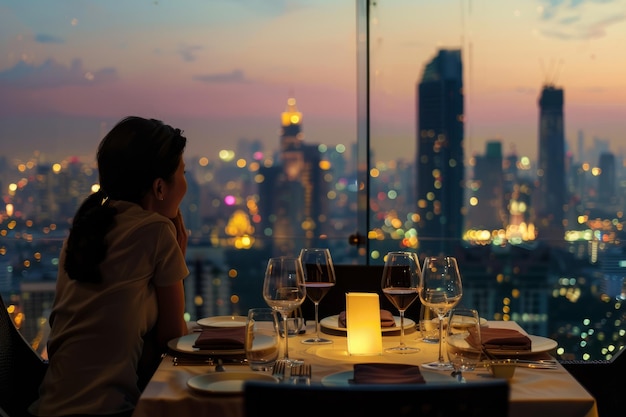 사진 도시 스카이라인 전망과 우아한 옥상 레스토랑에서 로맨틱한 저녁을 즐기는 커플