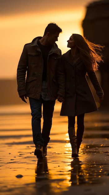 Фото Пара держится за руки и гуляет по пляжу на закате. день святого валентина.