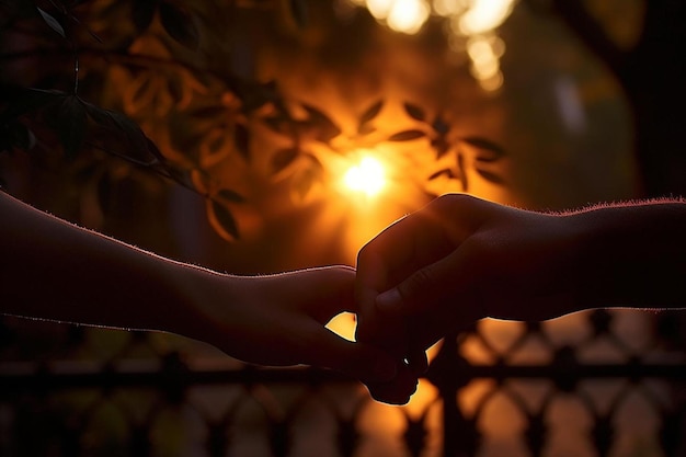 Фото Пара, держащаясь за руки перед закатом солнца
