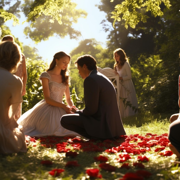 Фото Пара выходит замуж в саду с большим количеством красных роз на земле, и люди смотрят на них.