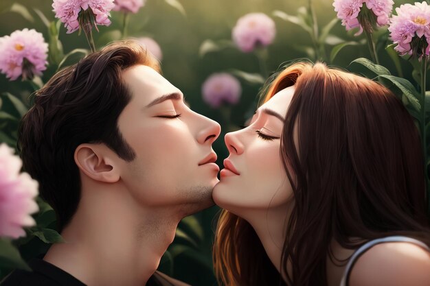 写真 花畑でキスするカップル