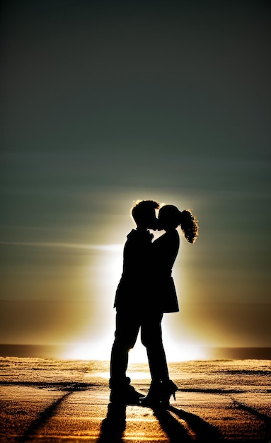 Фото Пара целуется на пляже на закате