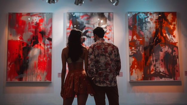 Фото Пара смотрит на картины в музее с одним в платье