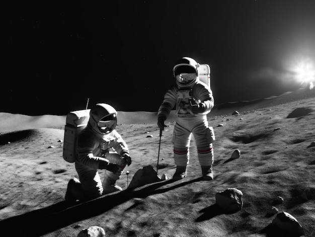 사진 두 명의 우주 비행사가 달 위에 서서 ai 이미지를 생성합니다.