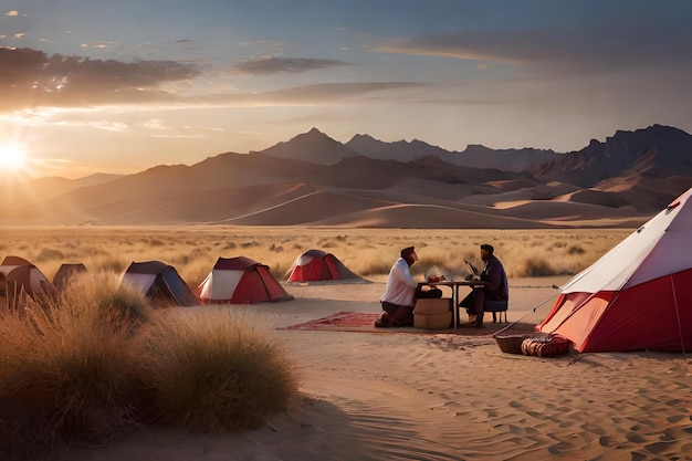 Фото Пара мужчин сидит перед палатками в пустыне.