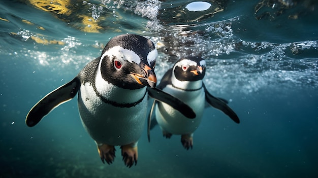 写真 海で泳いでいるペンギンのカップル ⁇
