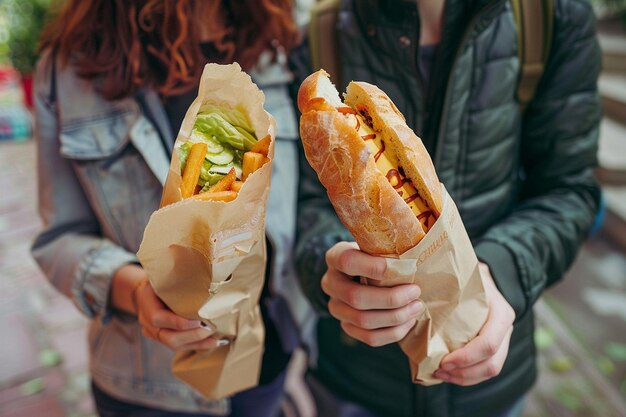 写真 食べ物を手にしている2人