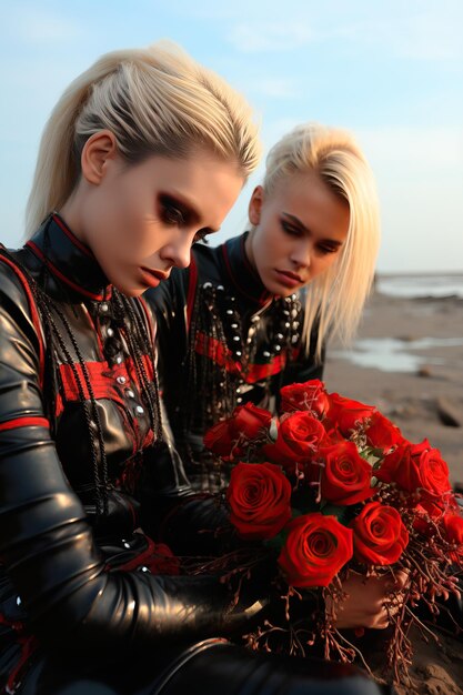 Фото Пара женщин в черно-красных нарядах с букетом роз