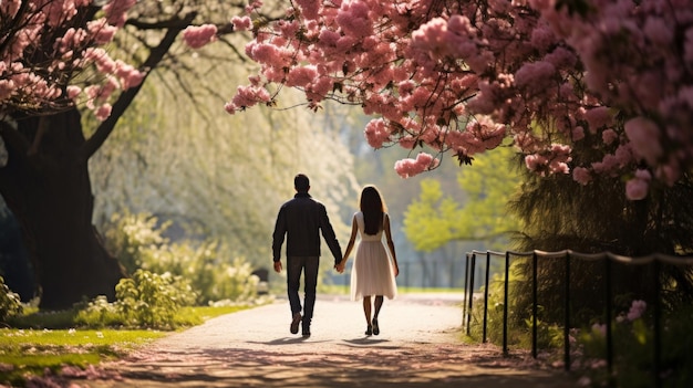 写真 愛と幸せを放射する開いた公園を通って手をつないで散歩するカップル