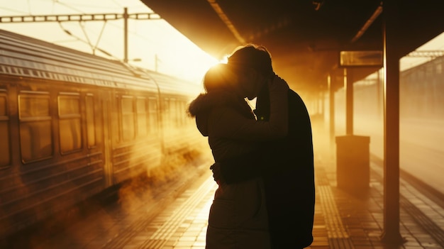 写真 恋愛の別れを呼び起こす霧の駅でキスするカップルのシルエット39s