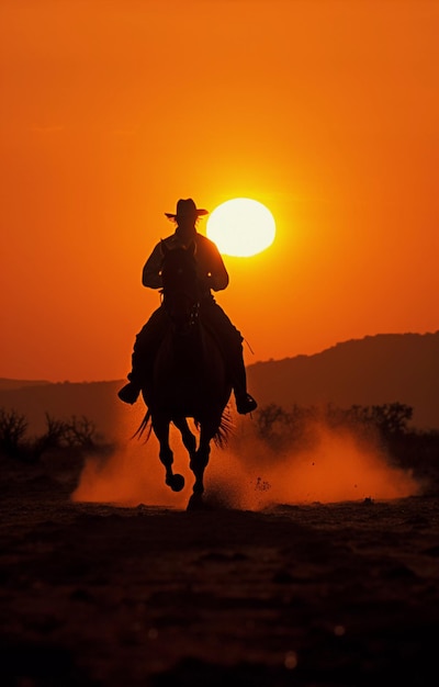 写真 美しい夕日を背景に馬に乗るカウボーイ