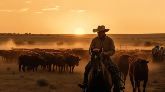 写真 カウボーイが牛の群れの前で馬に乗ります。
