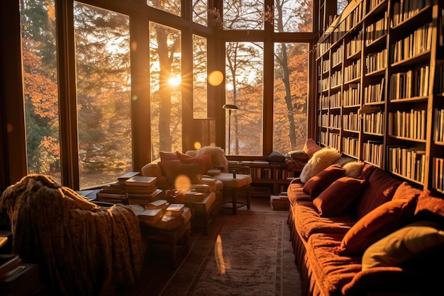 写真 暖かい本で満たされた図書館に 太陽の光が流れ込んでいます 創造的なai