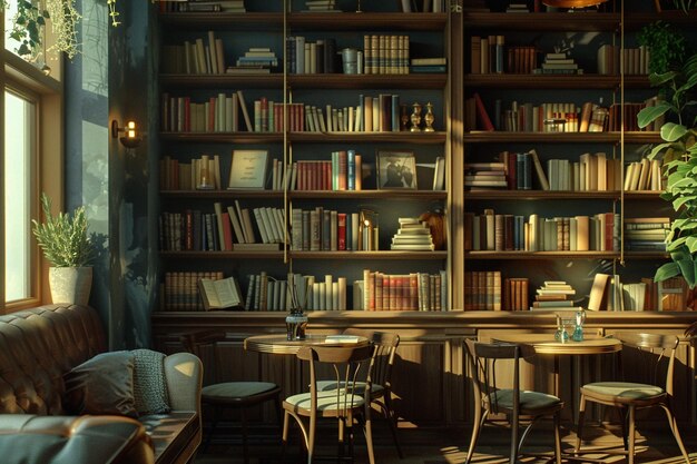 사진 책들로 인 선반이 있는 아한 카페