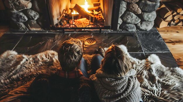 Фото Уютная пара сидит на ковре из медвежьей кожи перед камином. мужчина и женщина носят теплую одежду и наслаждаются огнем.