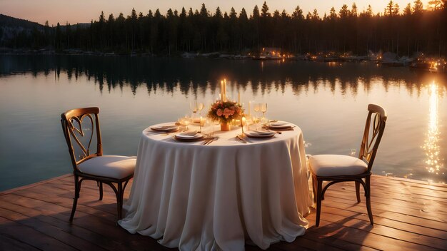 Фото Уютная обстановка на берегу озера с свечами, мерцающими в нежном ветре, лепестки в форме сердца разбросаны по