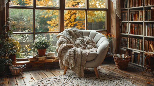 사진 의자 와 그 위 에 인 담요 가 있는 쾌적 한 거실