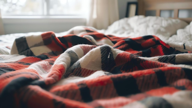 写真 暖かい赤と黒のプレードの毛布が白い毛布でベッドに敷かれています