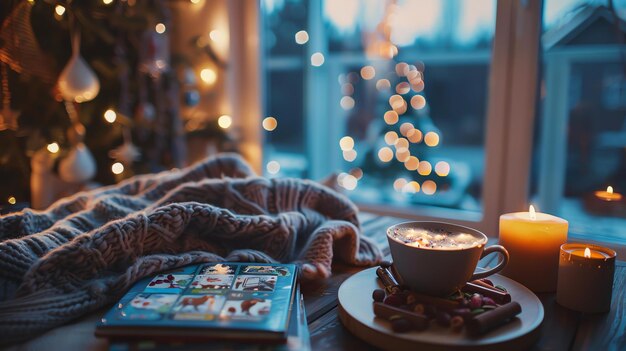 写真 暖かいチョコレートカップと本と暖かい毛布で 家でゆっくりとした一日を過ごすのに最適です