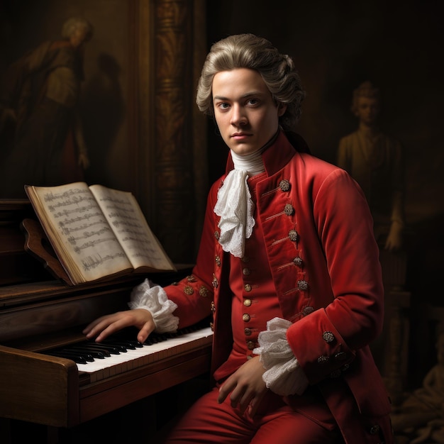 Фото Творческая душа вдохновляющее погружение в мир музыки вольфганга амадея моцарта где каждая нота наполнена гениальностью и страстью великий композитор и музыкант