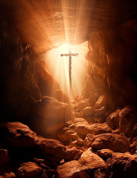 写真 背景に日没を描いた洞窟の十字架