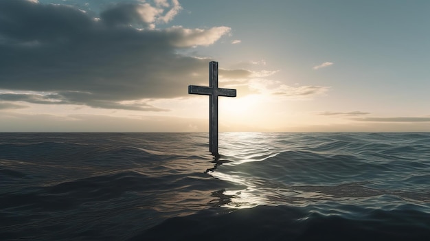 写真 十字架が海に沈み、太陽がその後ろに沈んでいます。