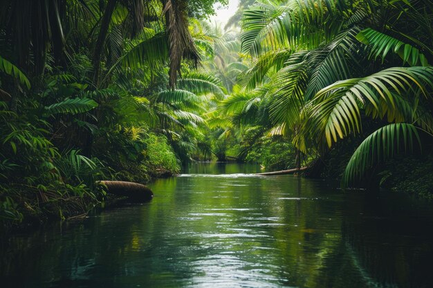 写真 水晶のように澄んだ川が密集した緑の森を通り抜け自然の美しさを描く絵画的な景色を生み出しています 緑豊かな熱帯雨林の真ん中に流れる川の画像 aiが作成しました