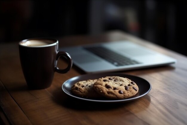 写真 仕事用のラップトップ コンピューターと木製のテーブルで朝食のカプチーノ コーヒーとチョコレート チップ クッキーのカップ