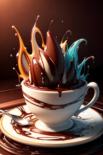 Фото Чашка шоколада покрыта жидкостью различных цветов, созданной