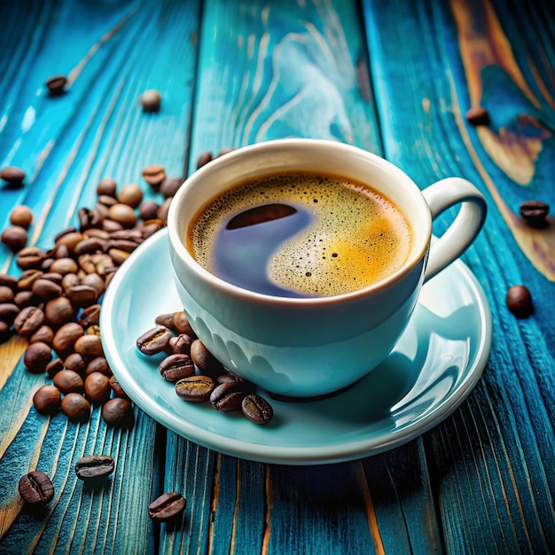 Фото Чашка кофе и бобы на синем столе премиум дизайн кофе всемирный день кофе