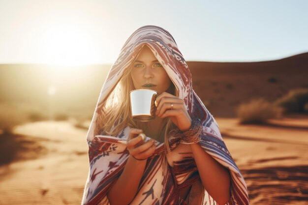 写真 砂漠で一杯のコーヒー アメリカ国旗のジップアップパーカー 飲み物を飲む