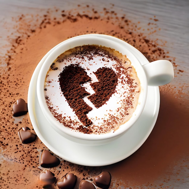 사진 테이블 위 에 심장 모양 의 초콜릿 가루 를 뿌린 커피 우유 한 잔