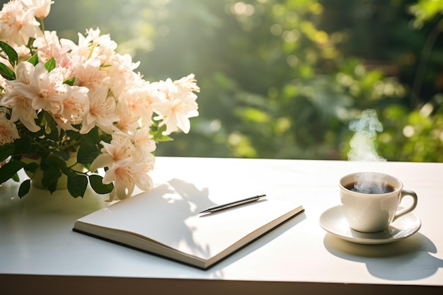 写真 朝の庭のテーブルの上の一杯のコーヒー 花の花瓶 ペンの付いた日記