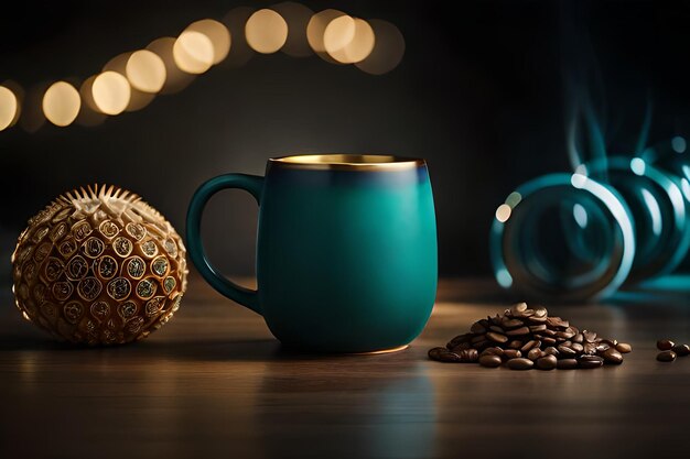 Фото Чашка кофе сидит на столе с кофейными бобами и кофейной чашкой.