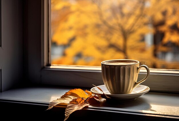 Фото Чашка кофе на подоконнике в стиле атмосферных лесных образов
