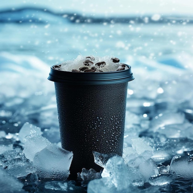 사진 얼음 더미 위에 앉아 있는 커피 한 잔
