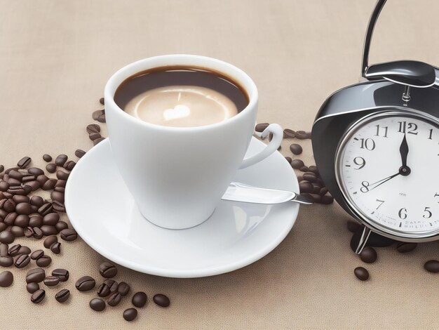 写真 コーヒーのカップに時計がついています