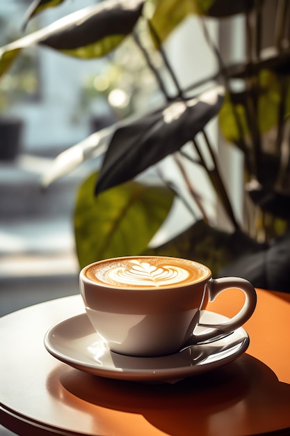 写真 泡の葉のデザインのコーヒーカップ