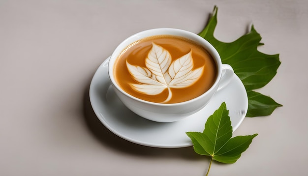 写真 その上に葉がありラテが書かれている葉があるコーヒーのカップ