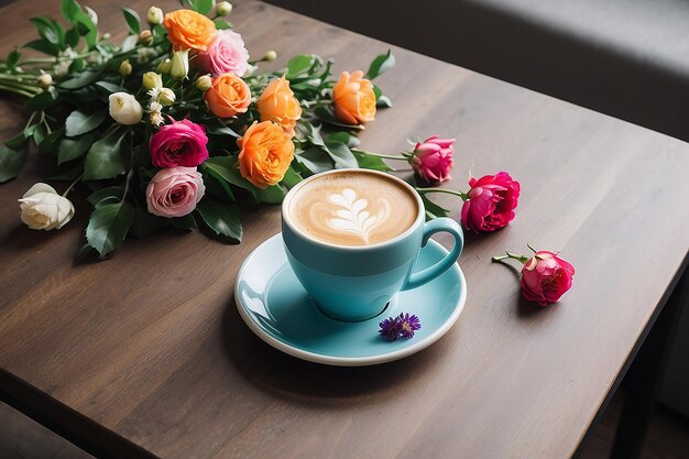 写真 テーブルの上に花がついたコーヒーカップ