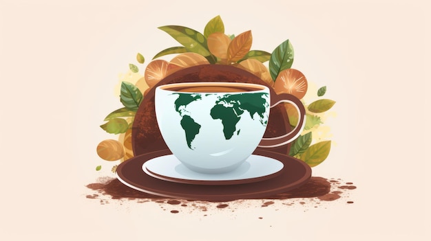 写真 葉とコーヒー豆に囲まれた世界地図のコーヒーカップ