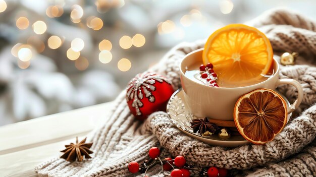 Фото Чашка горячего чая с оранжевыми кусочками и специями на уютном зимнем фоне