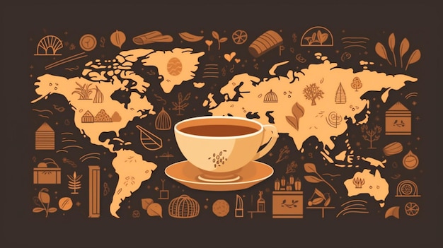 Фото Чашка чая и карта мира.