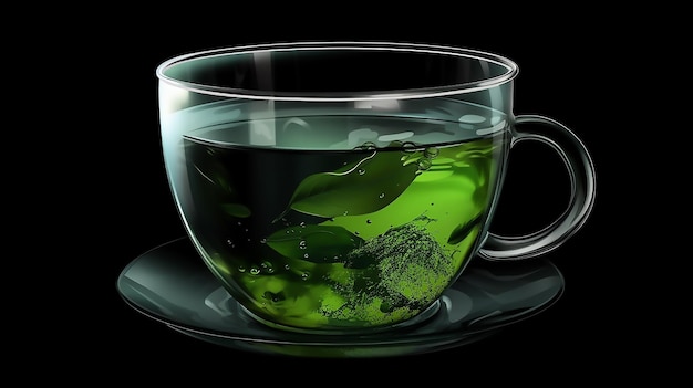 写真 黒い背景にお茶のカップがあり、その上に緑の葉が描かれています。