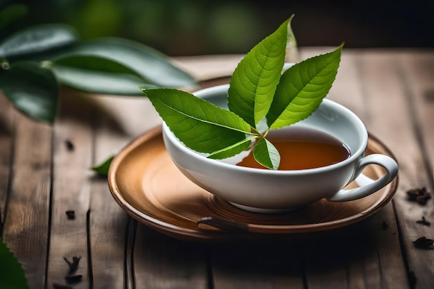 사진 테이블 위 에 있는 차 잎 을 가진 차 한 잔