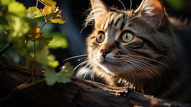 Фото Любопытный кот смотрит вверх на объект на дереве.