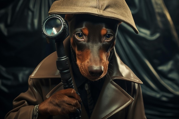 Фото Любопытный щенок добермана пинчера в детективе.