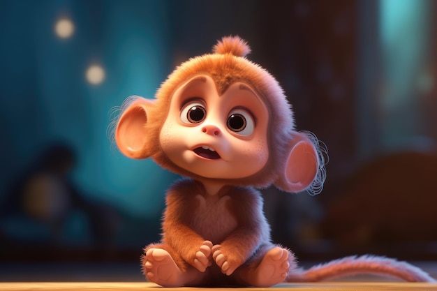 Фото Симпатичная очаровательная малышка обезьянка, созданная с помощью искусственного интеллекта в стиле детского мультфильма
