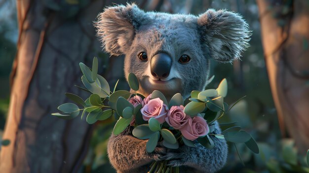 Фото Милый и милый коала держит букет розовых роз коала с сладкой улыбкой на лице и смотрит на зрителя